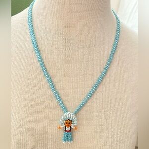 Handcrafted Native American Beaded Necklace Blue/White
